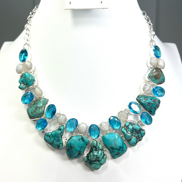Turquoise Blue Topaz Moonstone Large Gemstone Necklace & Bracelet Set - Picture 3 of 13